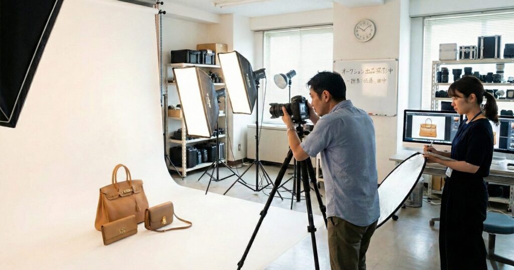 専門スタッフによる出品商品のスタジオ撮影と検品作業の風景