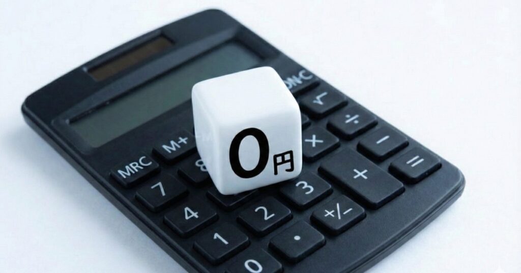 電卓の上に置かれた「0円」のサイコロ。出品手数料や入会金無料のイメージ