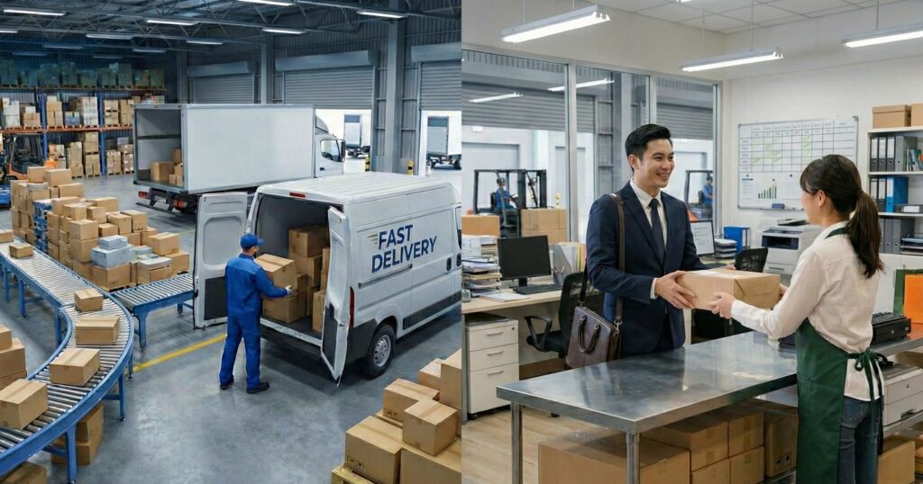 オークション落札商品の迅速な発送・梱包作業と配送トラックの様子