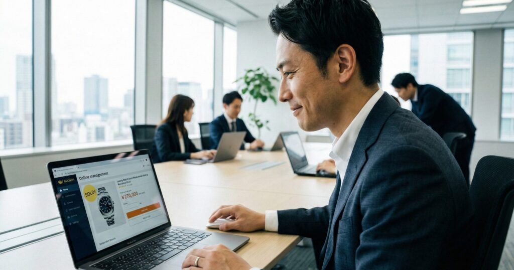 オフィスでノートパソコンを使い、ブランド時計のオークション出品状況を確認する男性