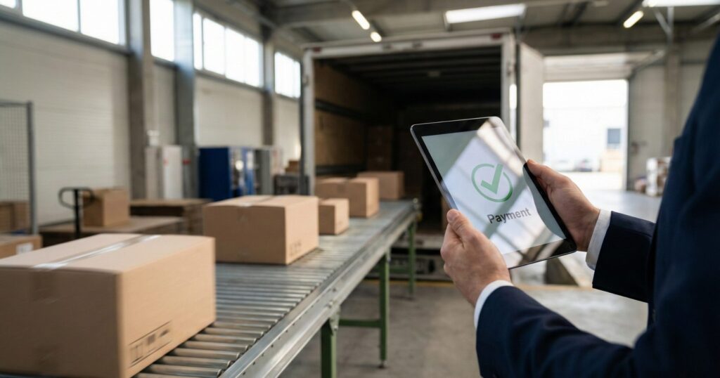 タブレット端末でオークション商品のオンライン決済・支払完了を確認する様子