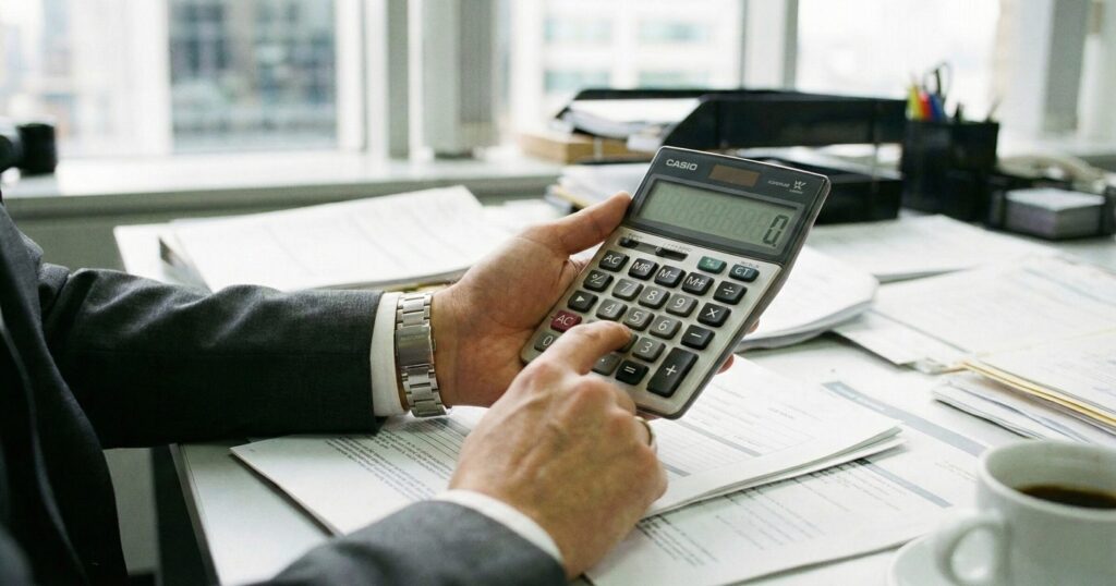 電卓を使用して仕入れコストや収支計算を行うビジネスマンの手元